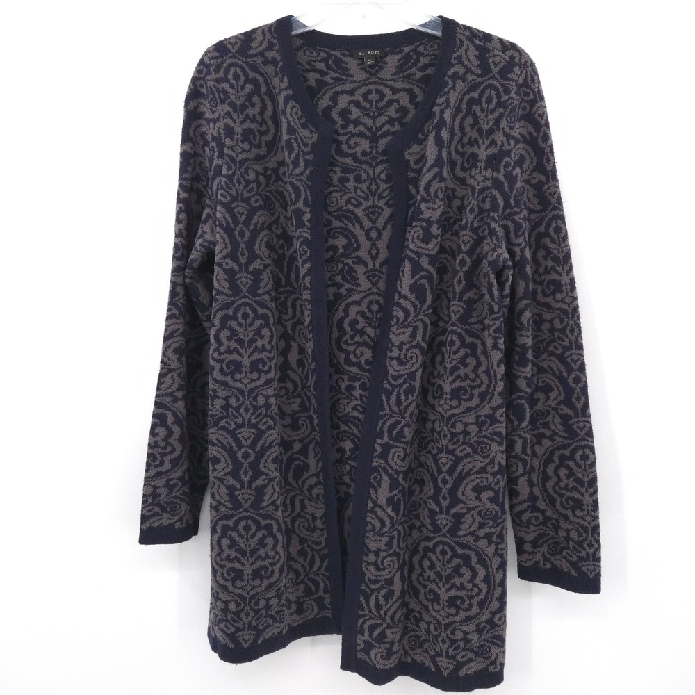 Talbots Cardigan Sweater Women Medium Blue Grey Damask Open Front Cashmere Blend